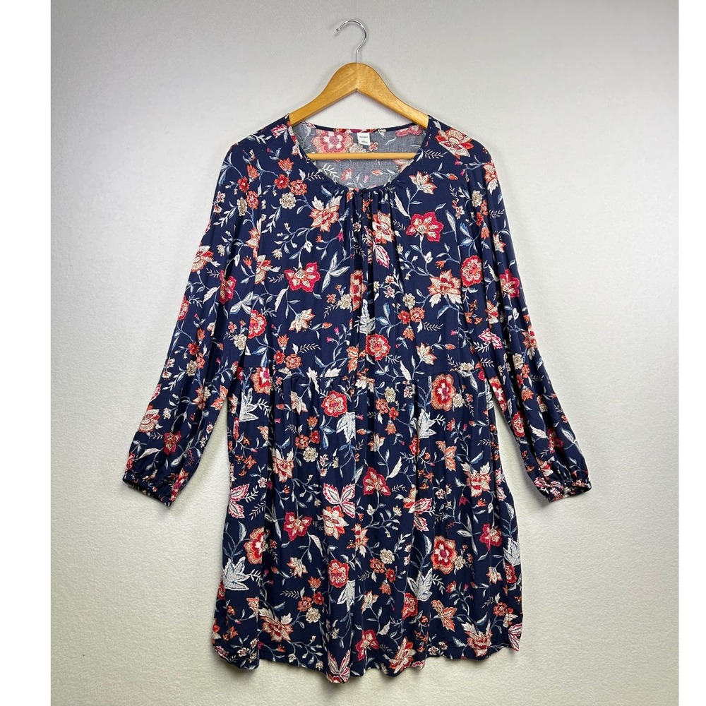 Old Navy Navy Floral Print Tiered Mini Dress Size L‎ Long Sleeve Tie Neck
